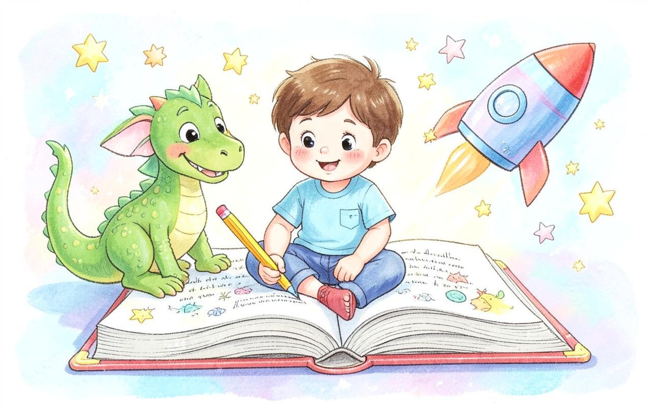 A child sitting on a giant open book writing a story with a friendly dragon and a rocket
