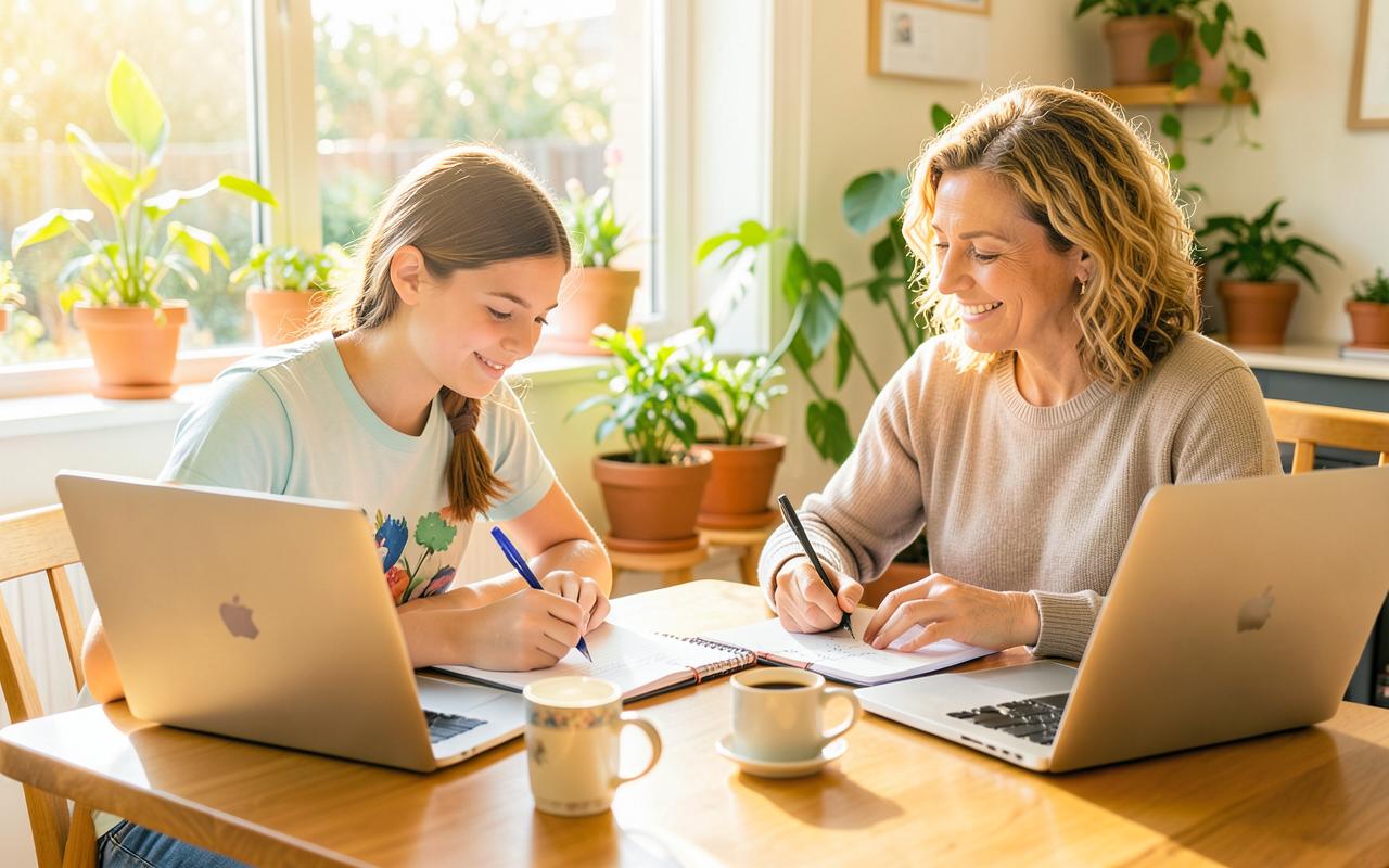 A teenager and an adult writing in notebooks side by side at a sunny table